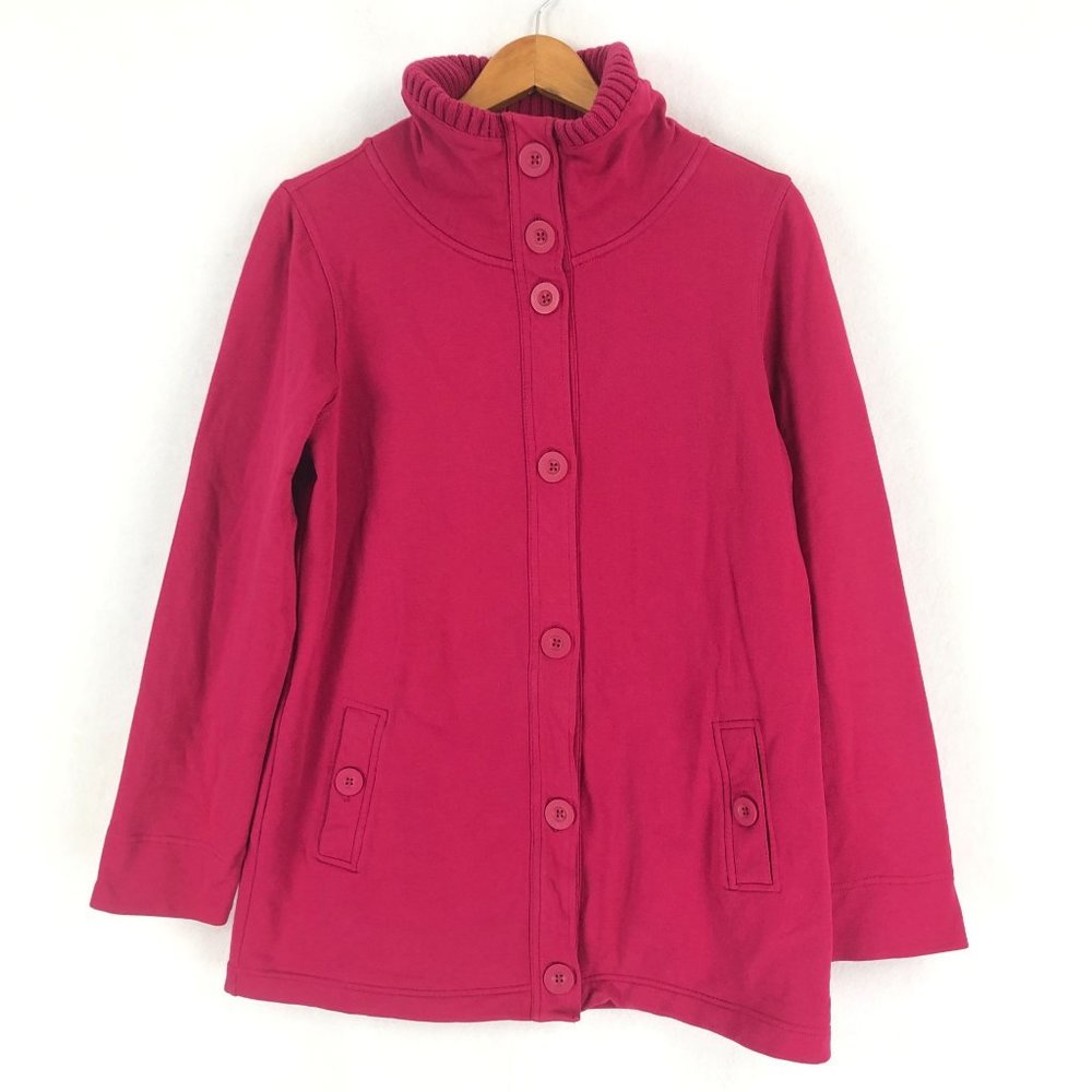 LL Bean Women's Size Medium Pink Mock Neck Button Front Long Sleeve Coat Cotton